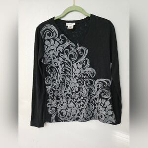 KATE HILL Black Grey Long Sleeve Shirt Top Womens Size PETITES PM Medium